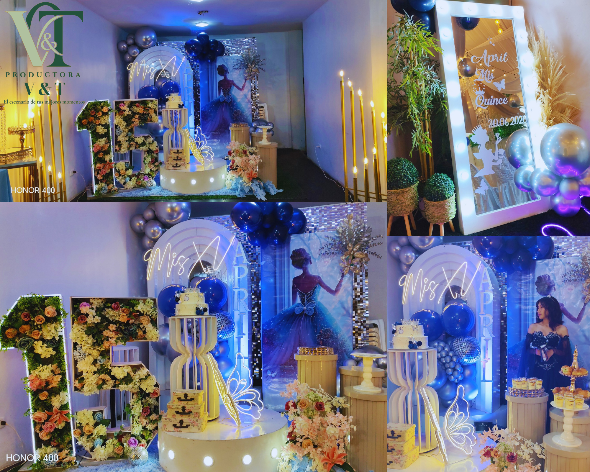 Personalizado en colores azul, plateado y rosas